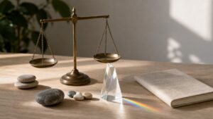 Brass balance scale, glass prism, stones, and blank notebook on a sunlit desk