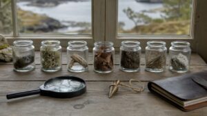 Seven specimen jars, magnifying glass, plumb line, and closed folio on a field table