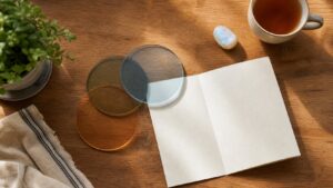 Three overlapping glass circles beside blank paper, tea, and moonstone