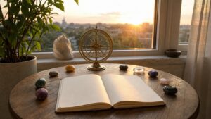 Blank journal, celestial ornament, and twelve stones on a sunrise table