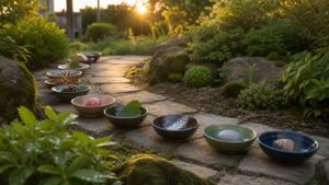 Twelve ceramic bowls holding different natural objects along a sunrise garden path