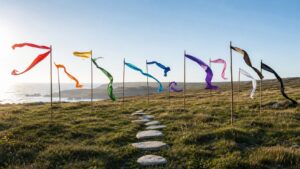 Twelve colorful ribbons moving in one breeze beside seven meadow stepping stones