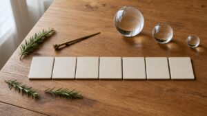 Seven blank ceramic tiles and three glass spheres arranged on an oak table