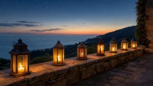 Seven glowing lanterns arranged along a stone terrace beneath the evening sky